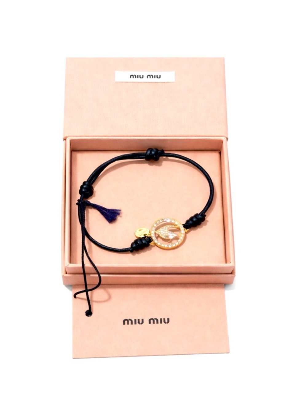 Miu Miu Women’s Black Leather Cord & Crystal Medallian Bracelet NEW FULLSET